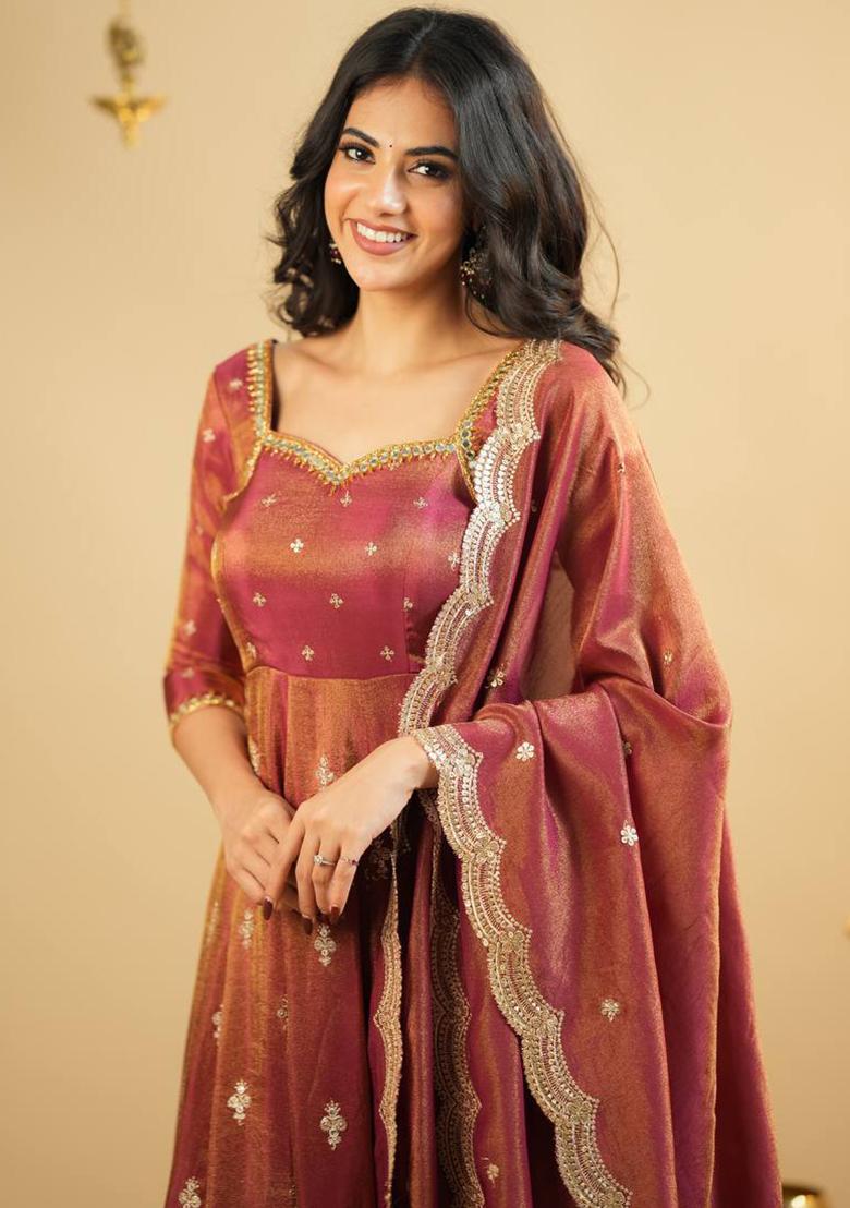 Orange Embroidery Silk Salwar Kameez With Dupatta - Indya