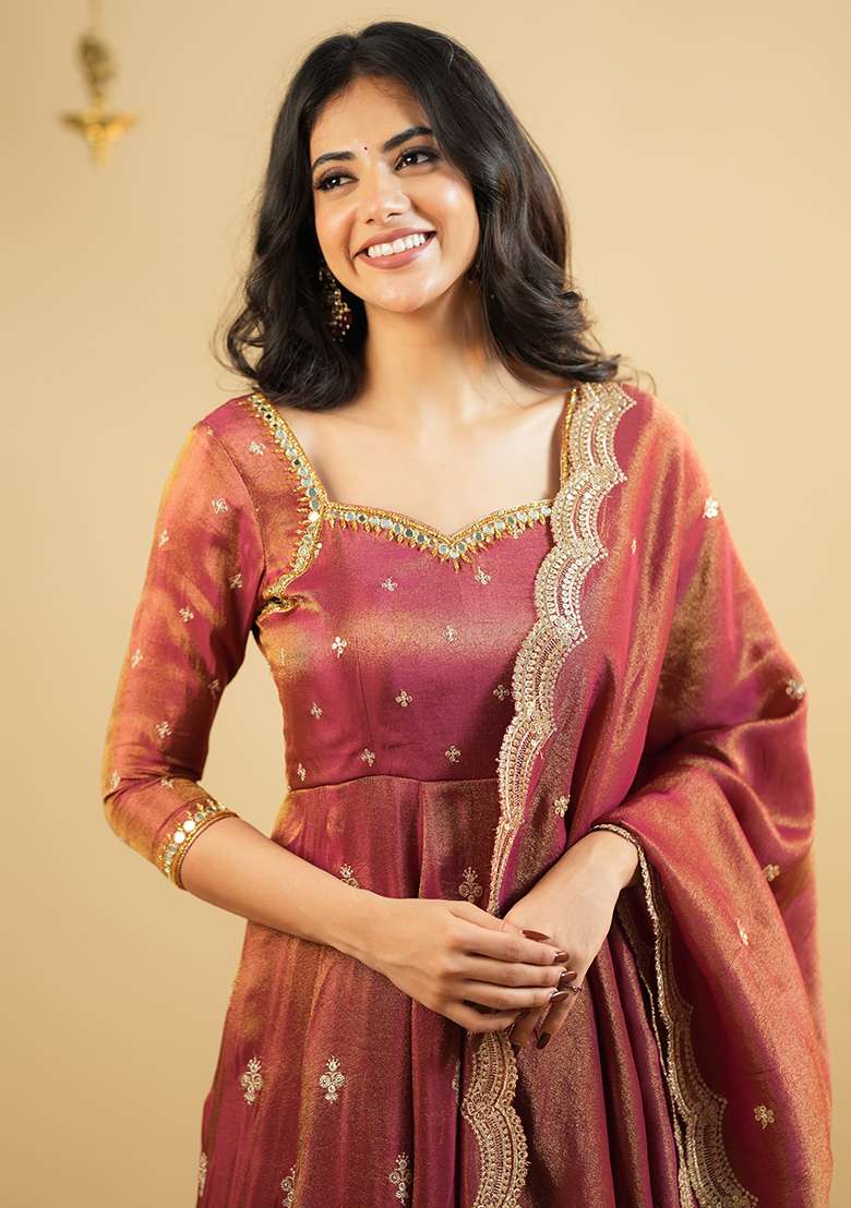 Orange Embroidered Silk Blend Anarkali Set - Indya