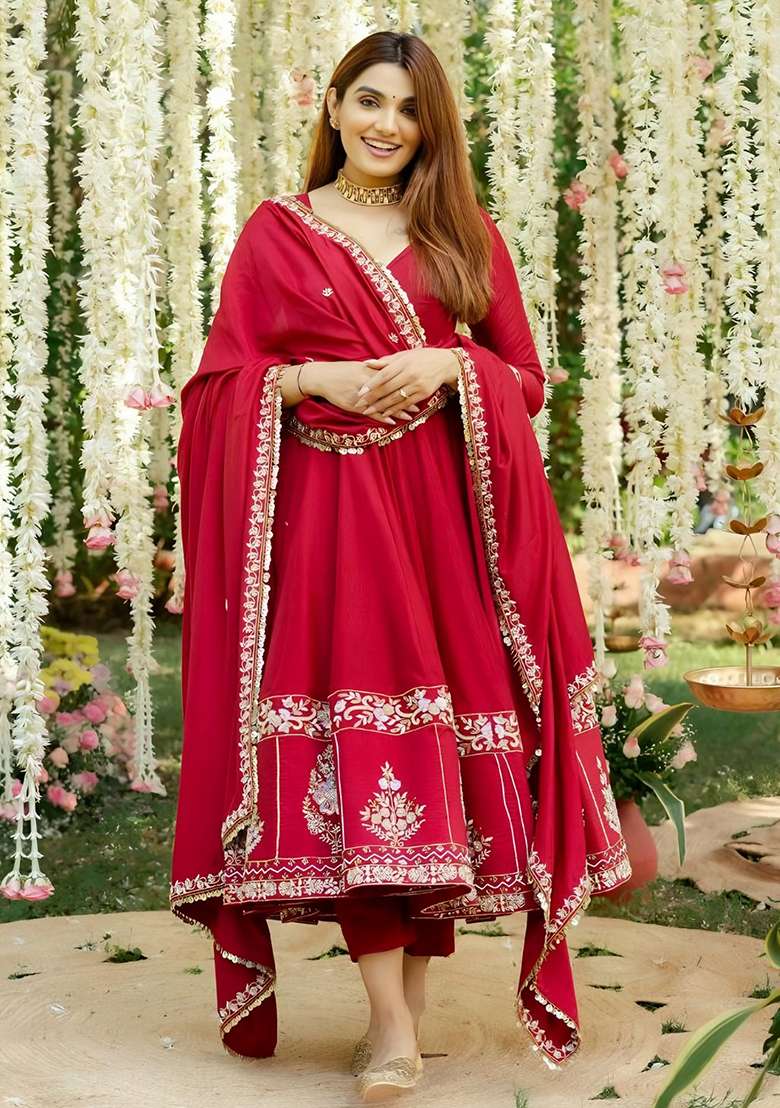 Red Embroidered Silk Blend Anarkali Set - Indya