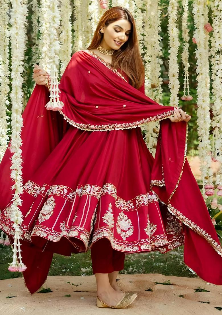Red Embroidery Silk Salwar Kameez With Dupatta - Indya