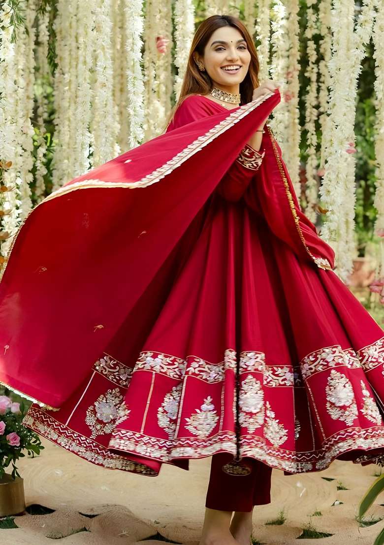 Red Embroidered Silk Blend Anarkali Set - Indya