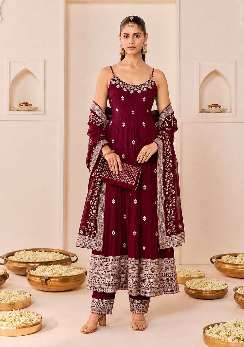 Maroon Embroidered Silk Blend Anarkali Set - Indya