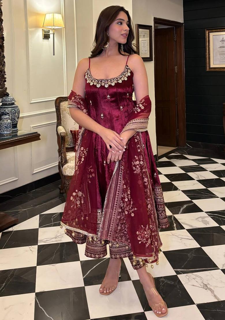 Maroon Embroidery Silk Salwar Kameez With Dupatta - Indya
