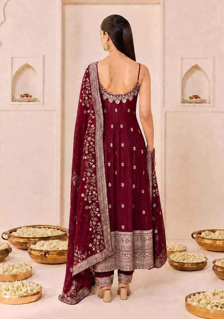 Maroon Embroidered Silk Blend Anarkali Set - Indya