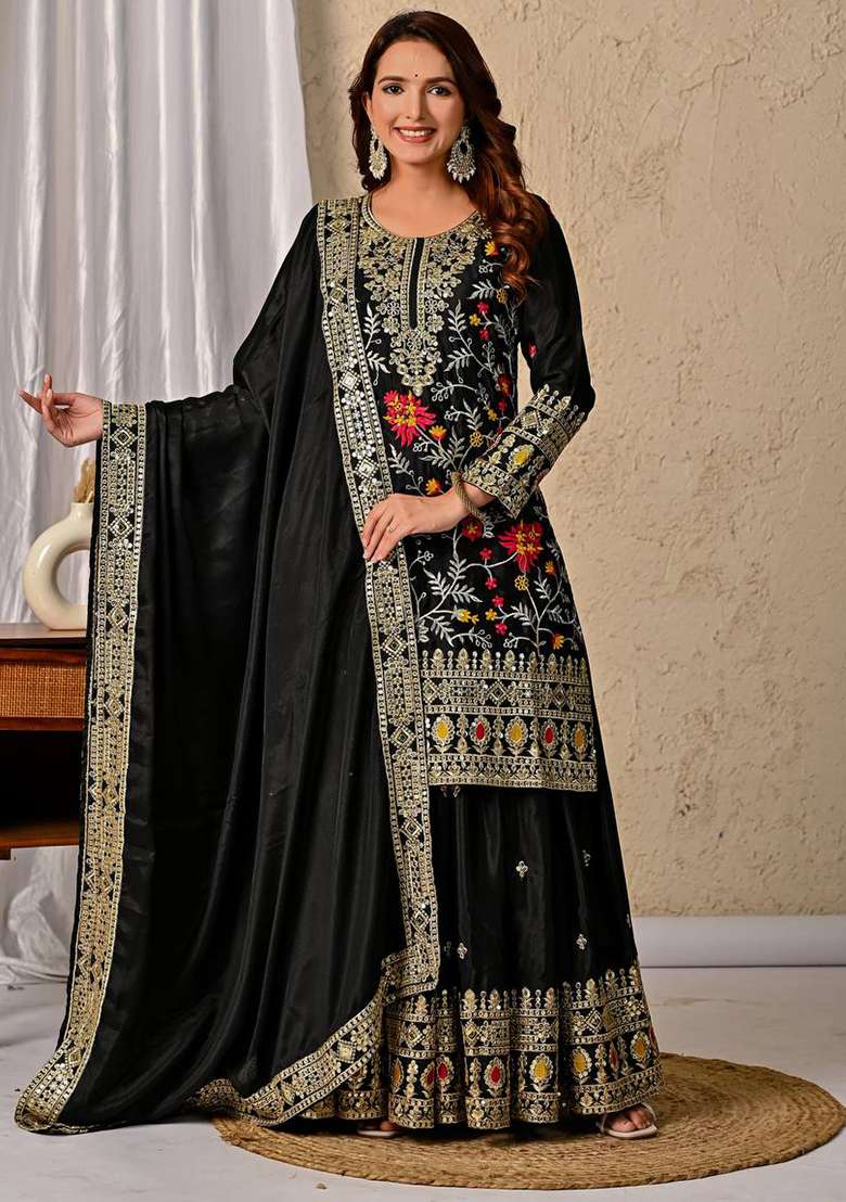 Black Embroidery Chinon Salwar Kameez With Dupatta - Indya