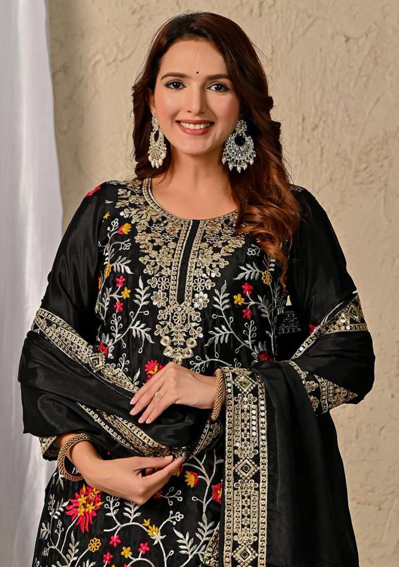 Black Embroidery Chinon Salwar Kameez With Dupatta - Indya