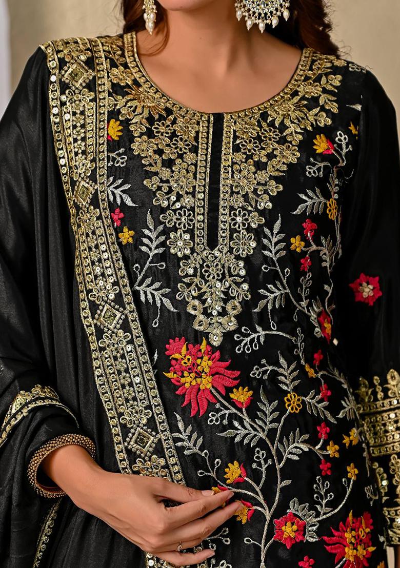 Black Embroidery Chinon Salwar Kameez With Dupatta - Indya