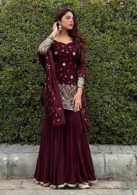 Maroon Embroidery Chinon Salwar Kameez With Dupatta