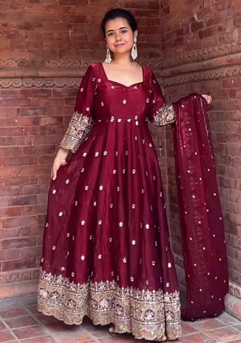 Maroon Embroidery Silk Salwar Kameez With Dupatta - Indya