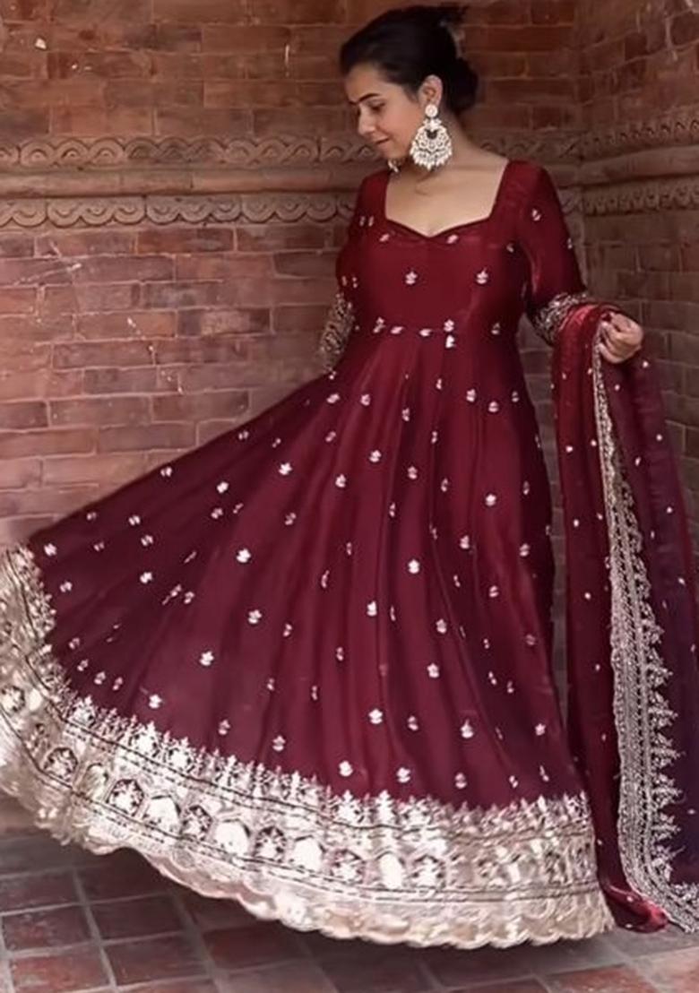 Maroon Embroidery Silk Salwar Kameez With Dupatta - Indya