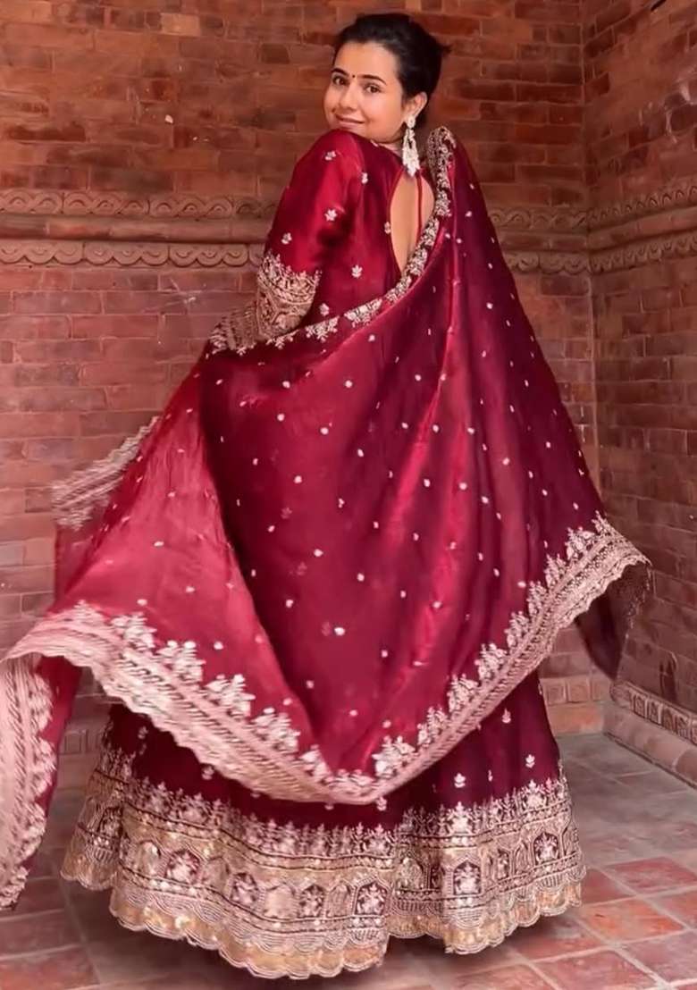 Maroon Embroidery Silk Salwar Kameez With Dupatta - Indya