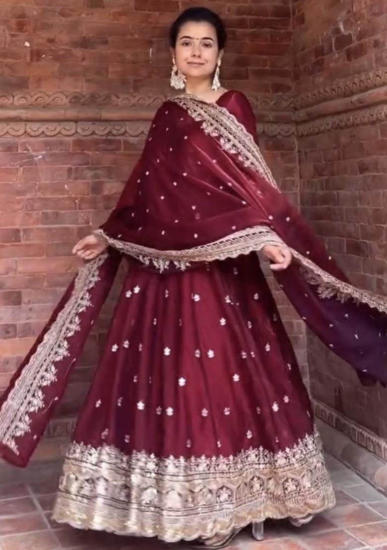 Maroon Embroidery Silk Salwar Kameez With Dupatta - Indya