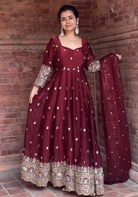 Maroon Embroidery Silk Salwar Kameez With Dupatta