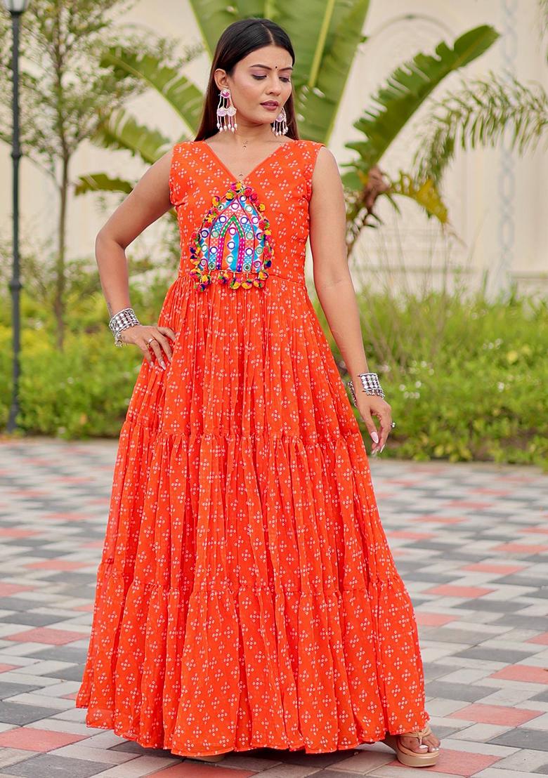 Orange Embroidered Georgette Gown - Indya