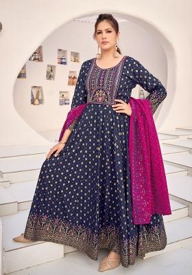 Navy Blue Embroidered Rayon Gown