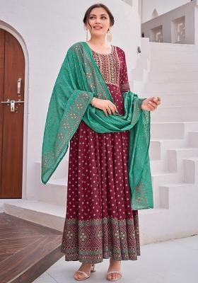 Maroon Embroidered Rayon Gown