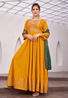 Yellow Embroidered Rayon Gown