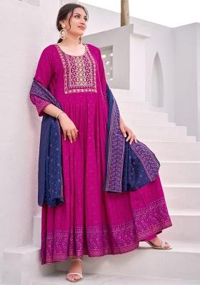 Magenta Embroidered Rayon Gown
