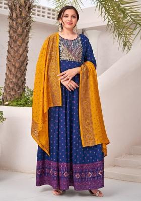 Blue Embroidered Rayon Gown