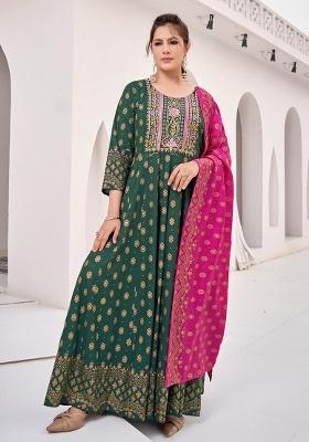 Green Embroidered Rayon Gown
