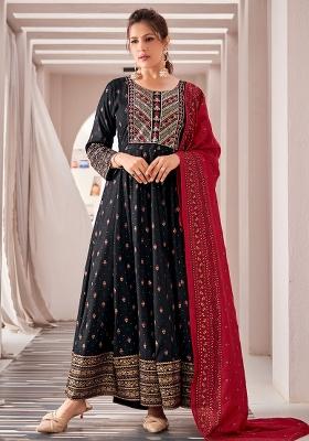 Black Embroidered Rayon Gown