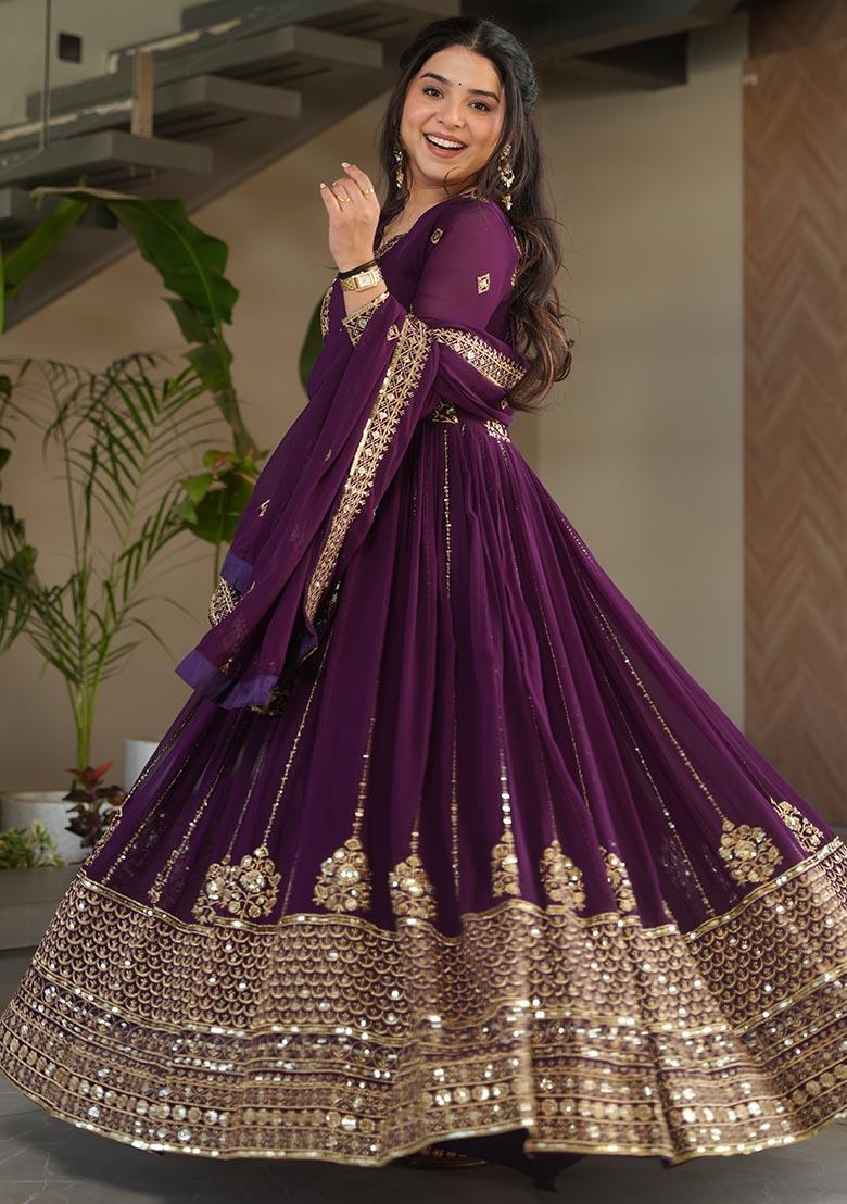 Wine Embroidered Silk / Georgette Gown