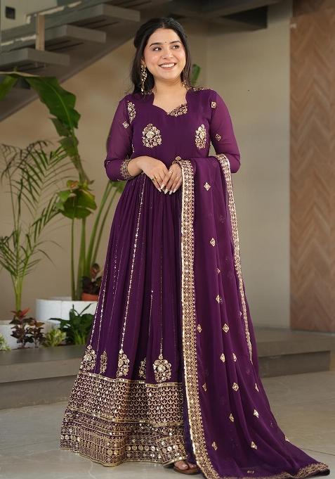 Wine Embroidered Silk / Georgette Gown