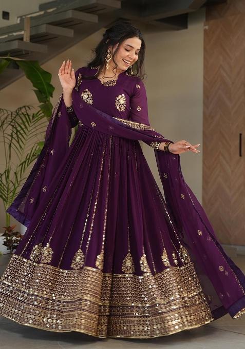 Wine Embroidered Silk / Georgette Gown