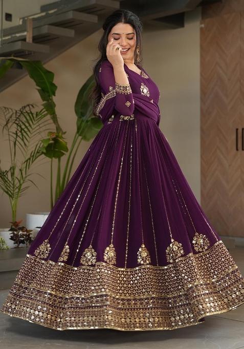 Wine Embroidered Silk / Georgette Gown