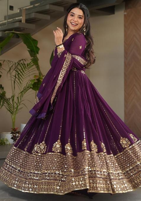 Wine Embroidered Silk / Georgette Gown