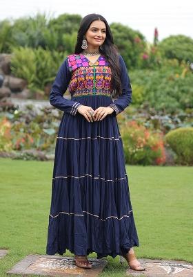 Navy Blue Embroidered Rayon Gown