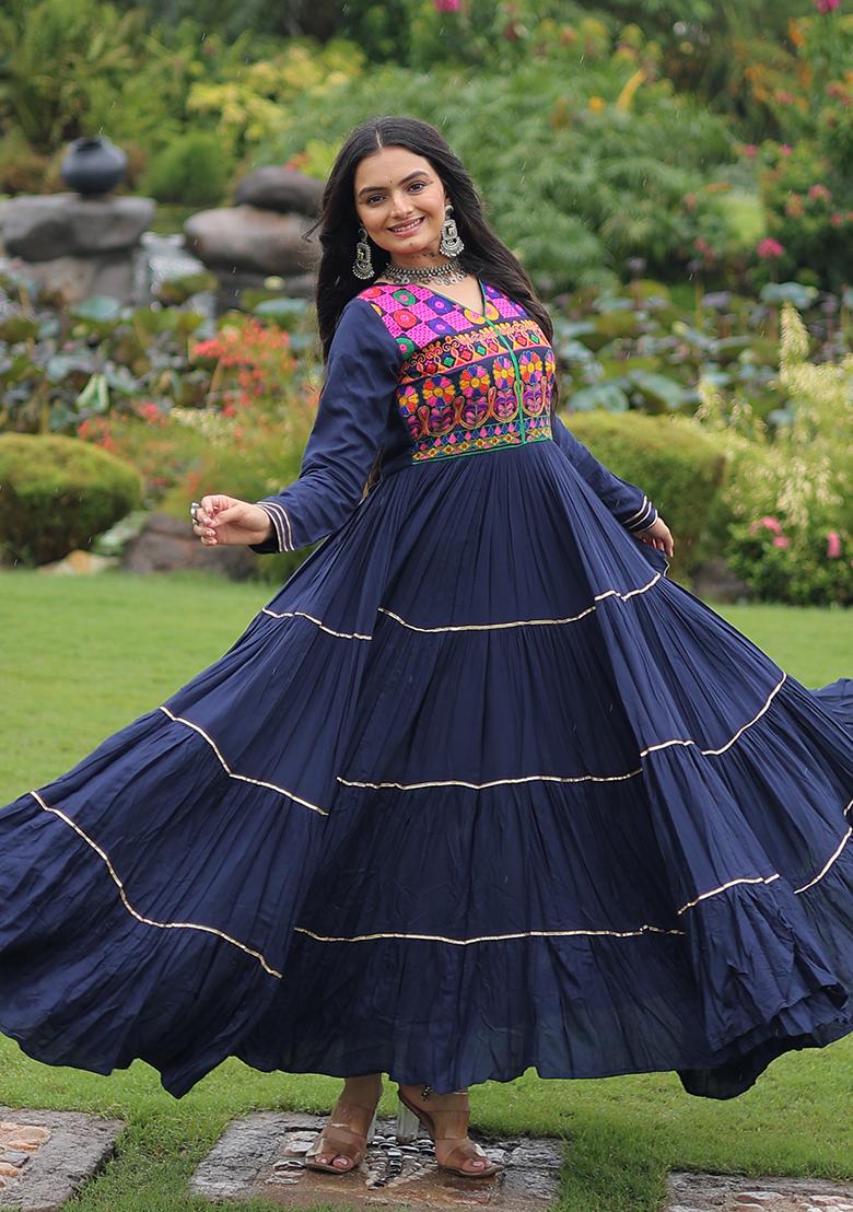 Navy Blue Embroidered Rayon Gown - Indya