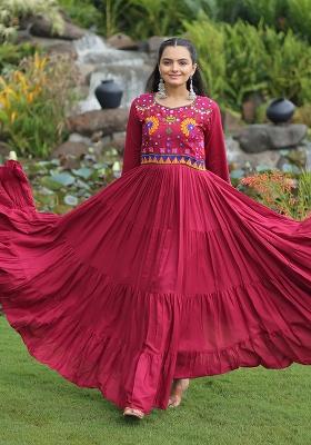 Maroon Embroidered Rayon Gown