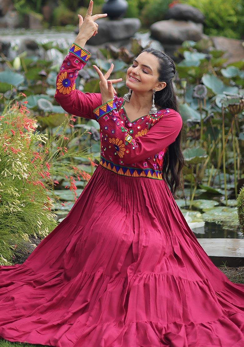 Maroon Embroidered Rayon Gown - Indya