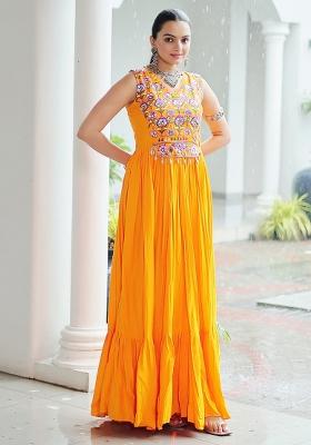 Yellow Embroidered Rayon Gown