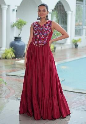 Maroon Embroidered Rayon Gown
