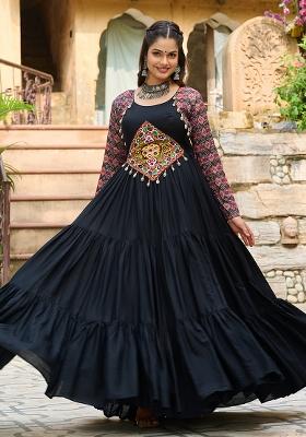 Black Embroidered Rayon Gown