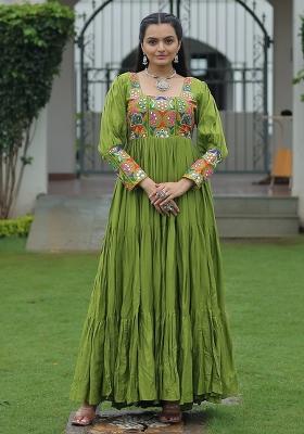 Green Embroidered Rayon Gown