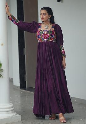 Wine Embroidered Rayon Gown