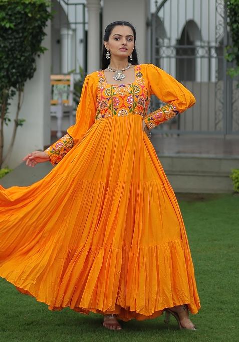 Yellow Embroidered Rayon Gown