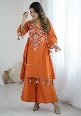Orange Embroidered Cotton Kurta set