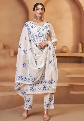Off White Embroidered Cotton Salwar Kameez With Dupatta
