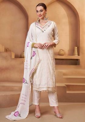 Off White Embroidered Cotton Salwar Kameez With Dupatta