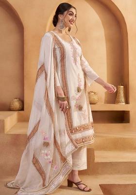 Off White Embroidered Cotton Salwar Kameez With Dupatta