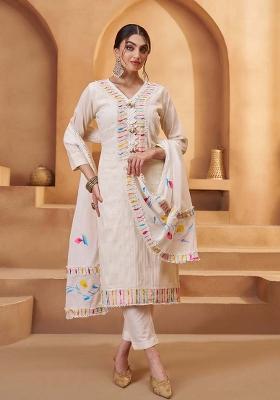 Off White Embroidered Cotton Salwar Kameez With Dupatta