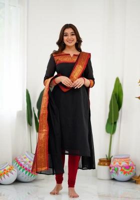 Black Printed Cotton Kurta with dupatta