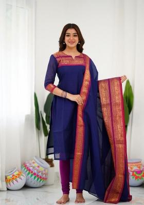 Blue Printed Cotton Kurta with dupatta