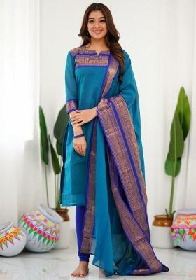 Sky Blue Printed Cotton Kurta with dupatta