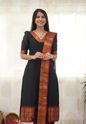 Black Printed Cotton Kurta with dupatta