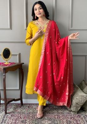 Mustard Embroidered Chanderi Kurta Set